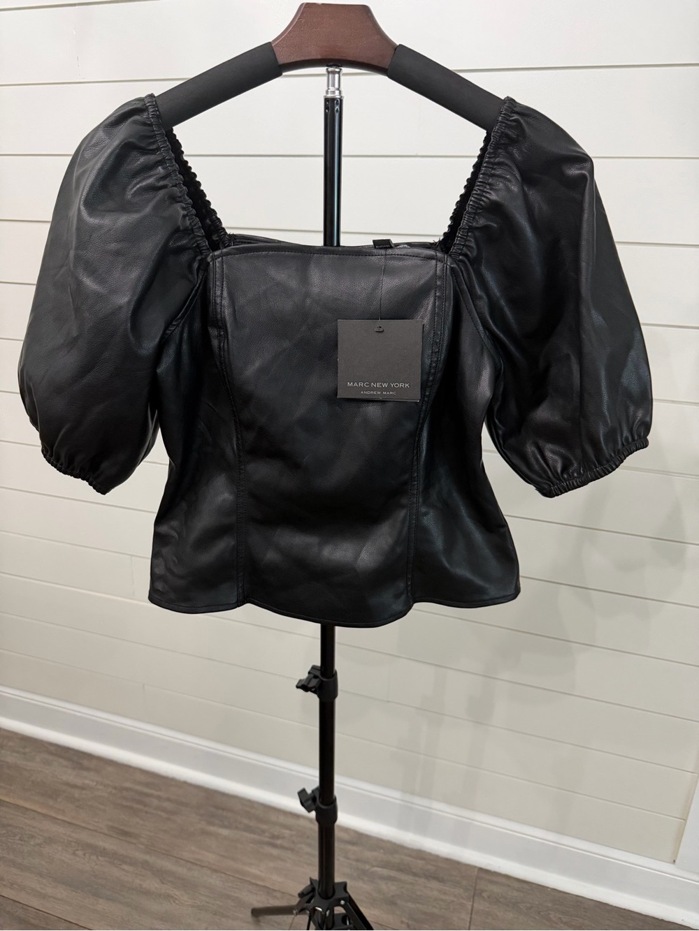 Marc New York Black Faux Leather Puff Sleeve Blouse